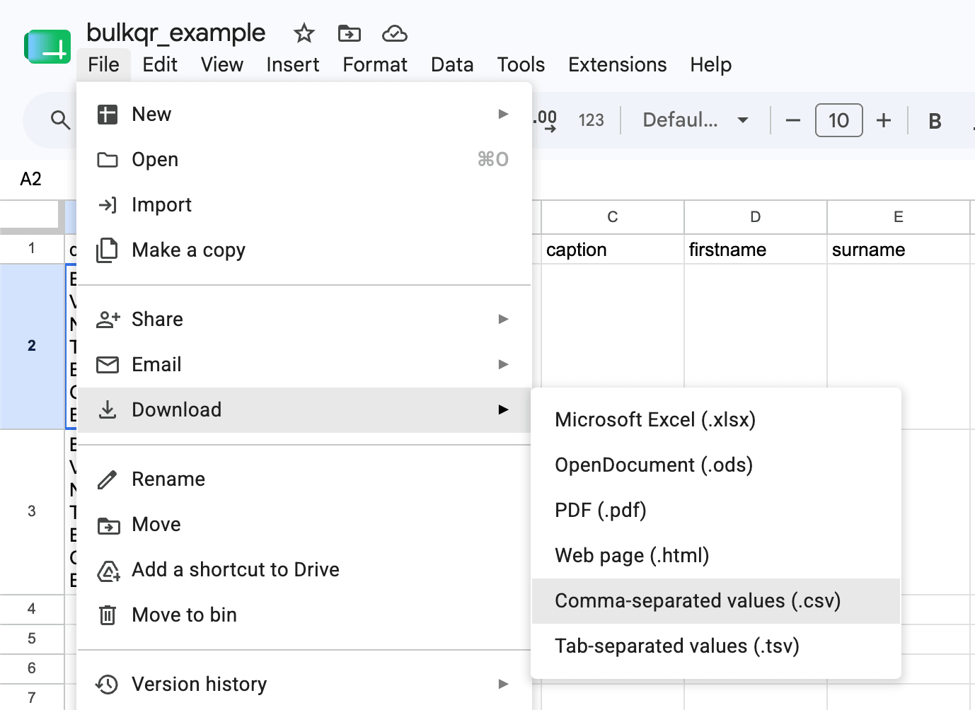 The Google Sheets File menu, with Download opened and Comma Separated Values (.csv) highlighted