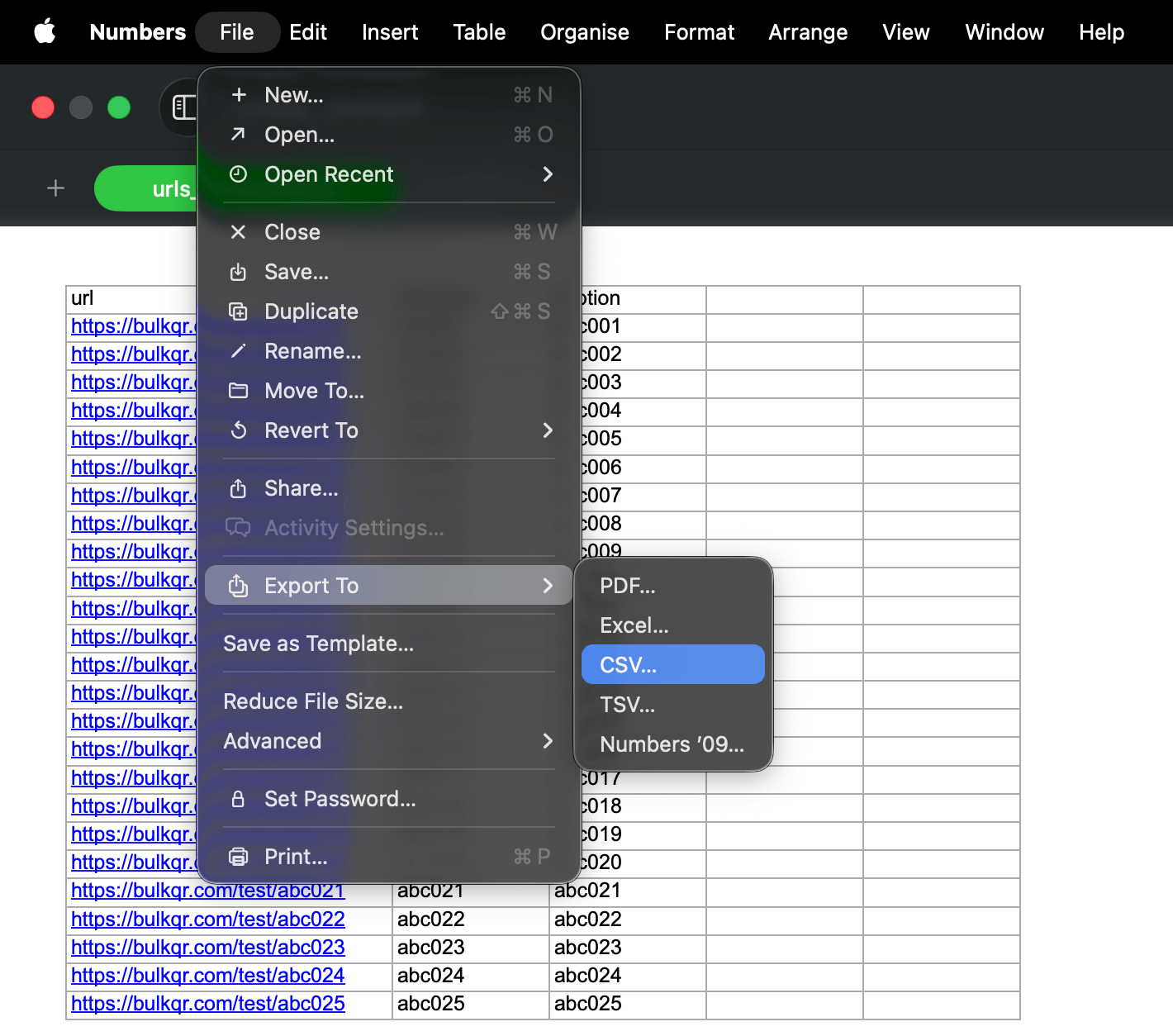 The Numbers export dialog, with Advanced Options expanded and Text Encoding set to Unicode (UTF-8)